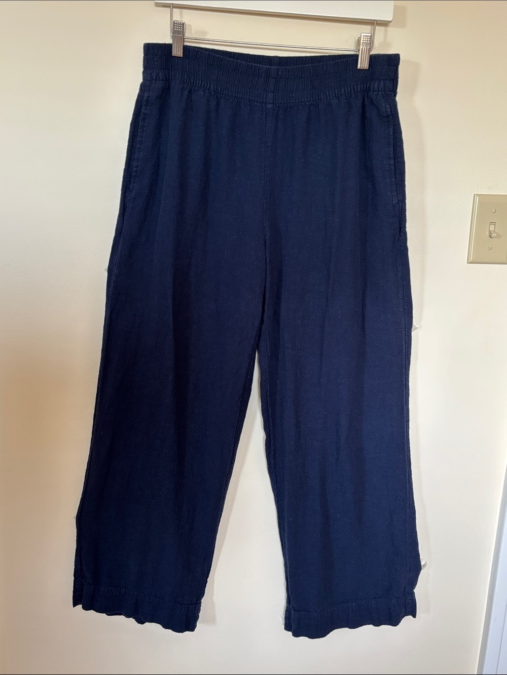 Old Navy Linen Blend Navy Blue Wide-Leg Elastic Comfort Waist Trousers Pants